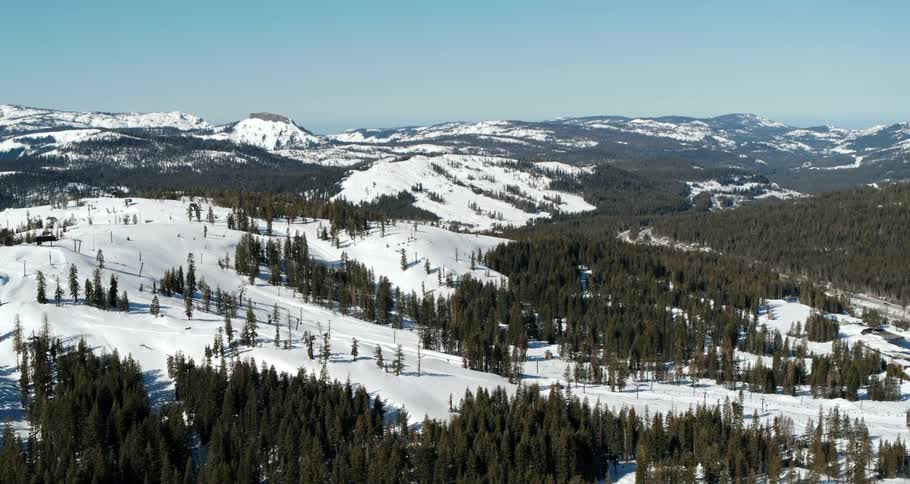 Snow covers the ground in a forest and the peaks of a mountain range