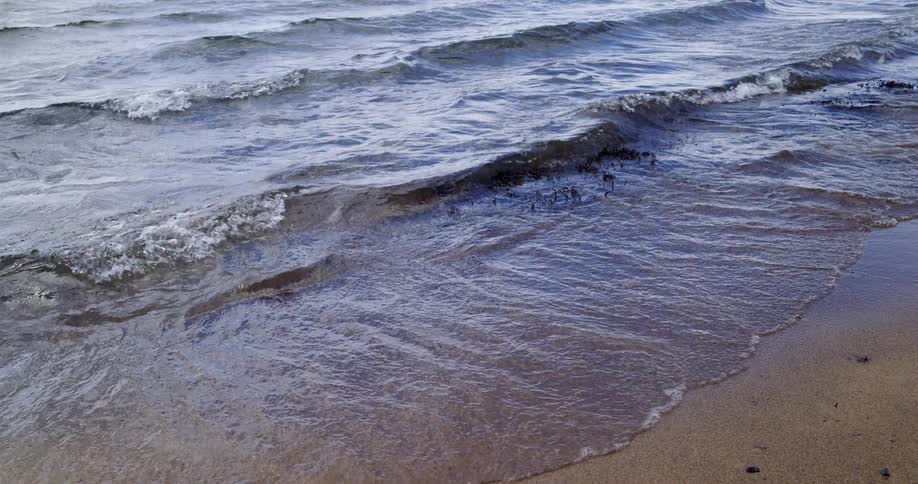 Ocean waves washing up onto a brown sandy beach