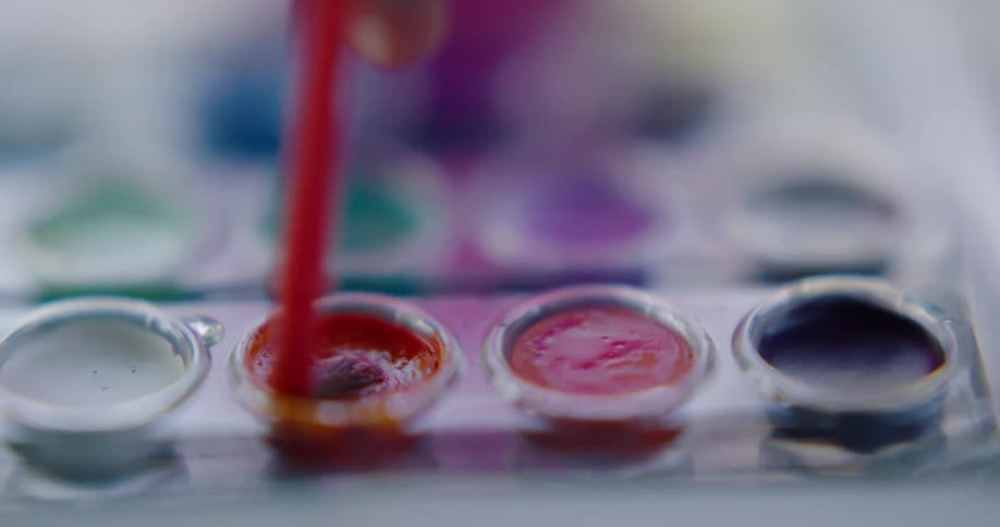 A person dips a small brush on a watercolor pallete