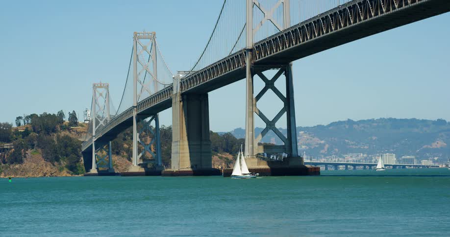 A boat sailing beneath a large city bridge in the daytime