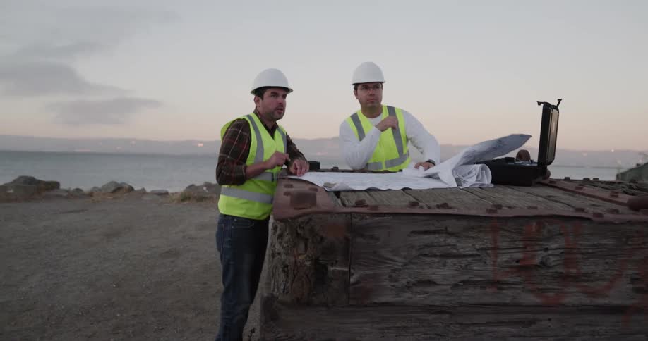 Two construction workers with vests and hard hats standing on a shore with the sky and clouds in the background