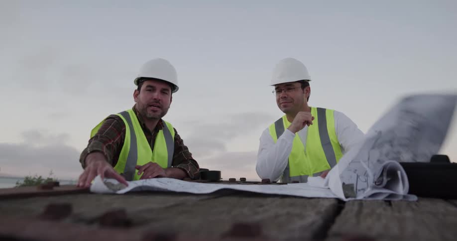 Engineers on a construction site talk to each other over blueprints at sunset