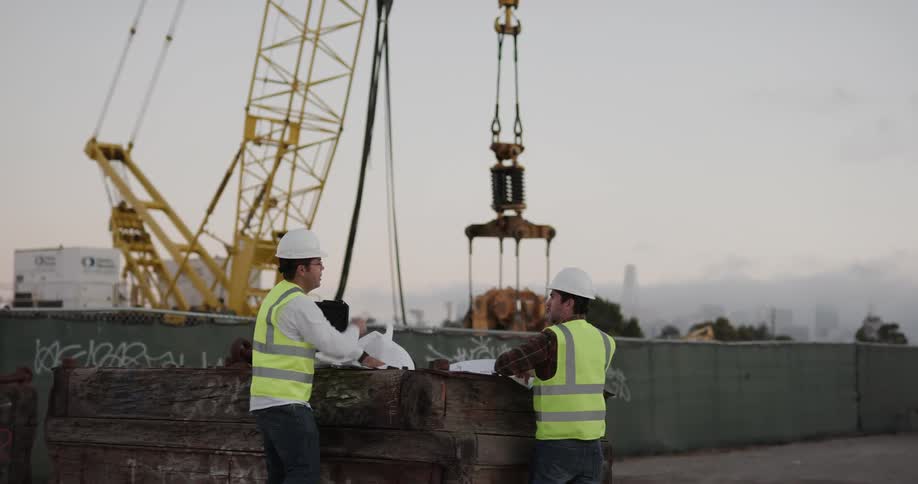 Two coworkers on the construction site look over blue prints together