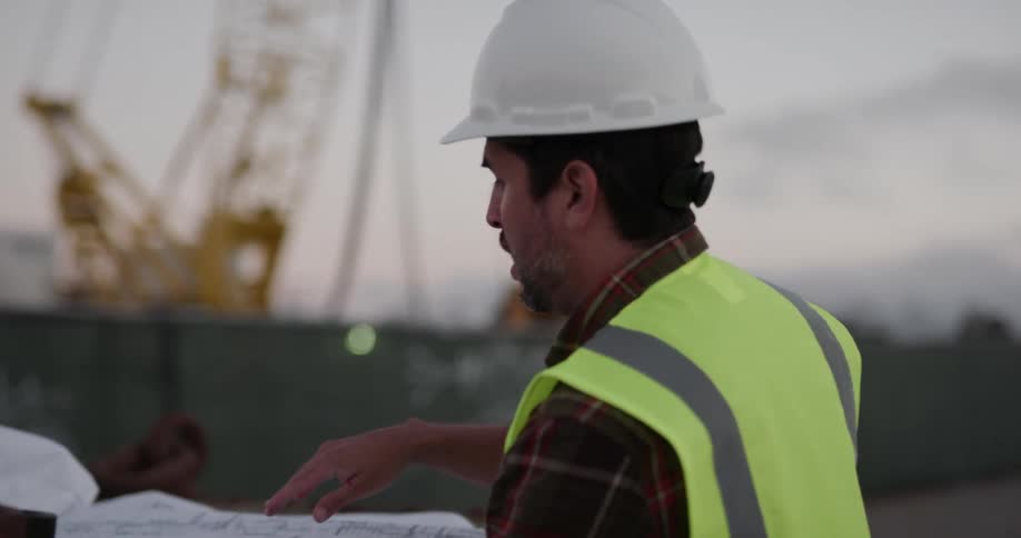 Two construction workers talk to each other outside at a work site