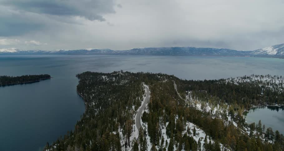 A road along a peninsula on a large lake
