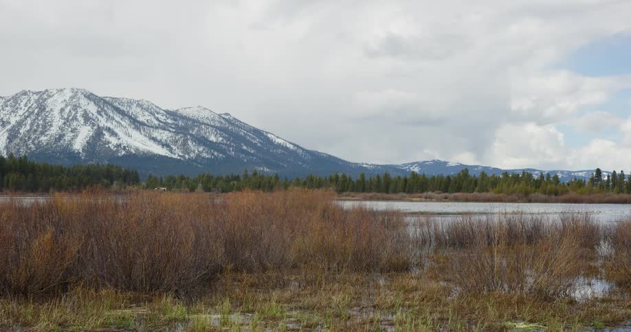 The mountains ahead are covered in snow