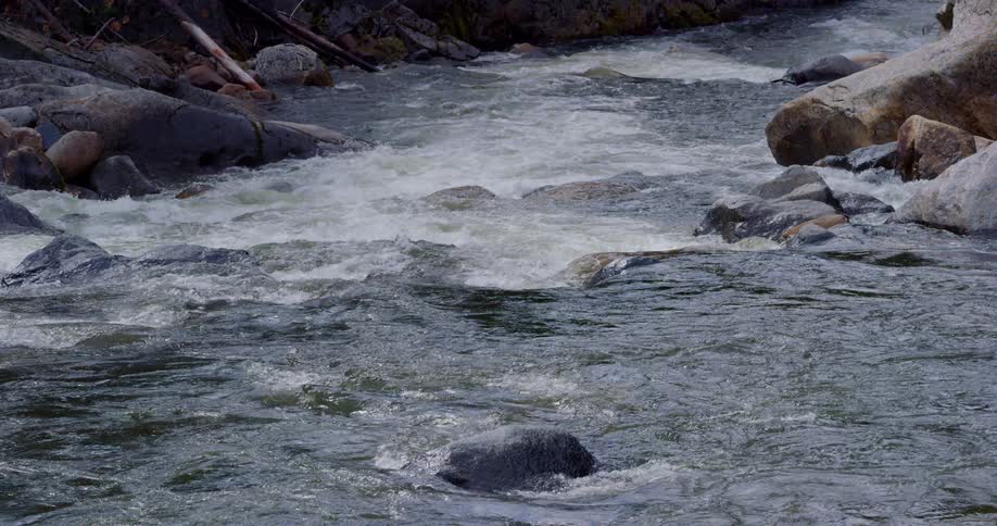 A river dotted with rocks and boulders on a bright day