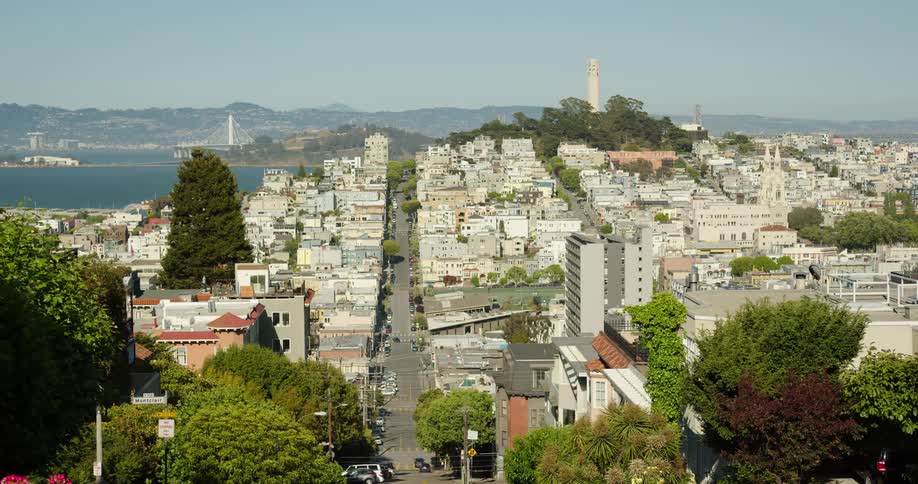 A street runs the length of a dense neighborhood of white buildings near the ocean
