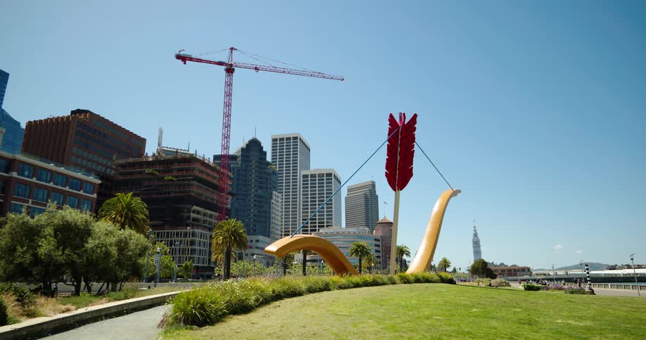 A construction crane in a downtown area