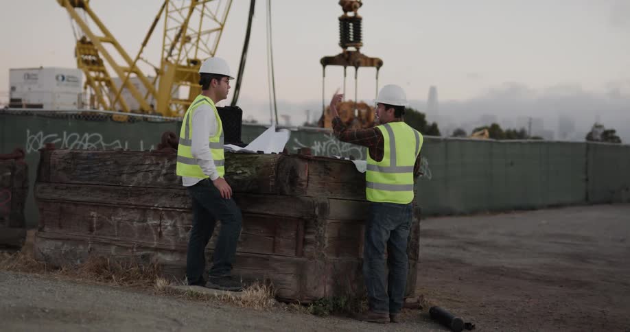 Two construction workers stand together with papers blowing in the wind