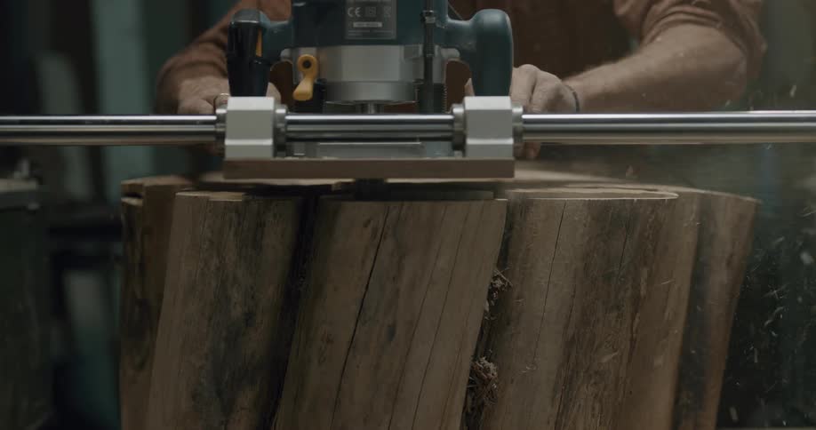 A carpenter cuts a large piece of wood with a saw
