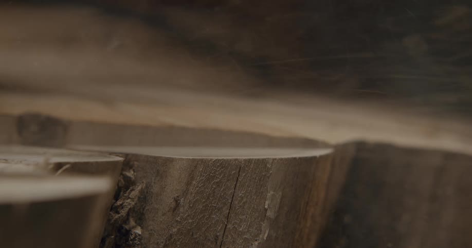 Sawdust flies as wood is being shaved