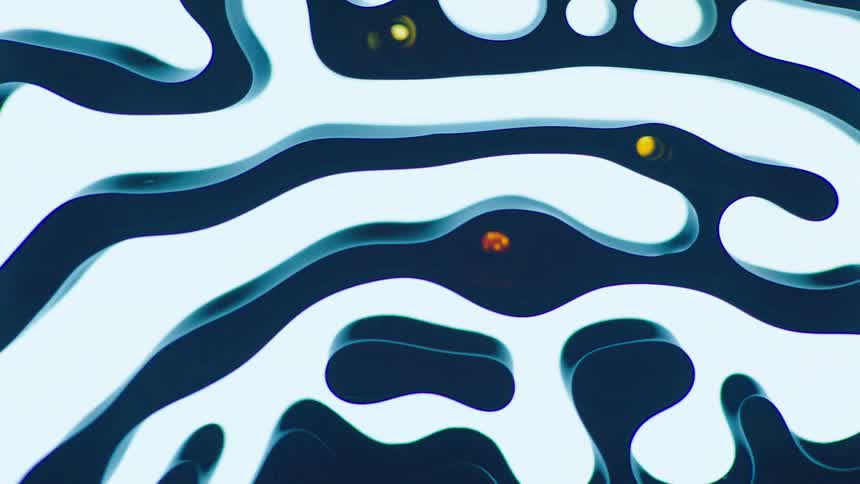 Dark blue flowing shapes with multi colored dot inclusions break of small bubbles against light blue background