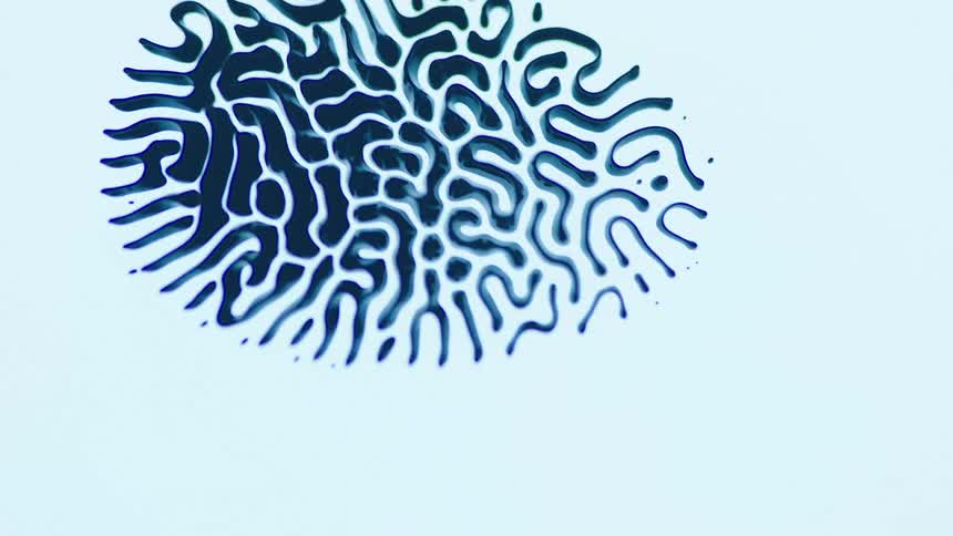 Dark blue oval shape made of squiggles moves against light blue background