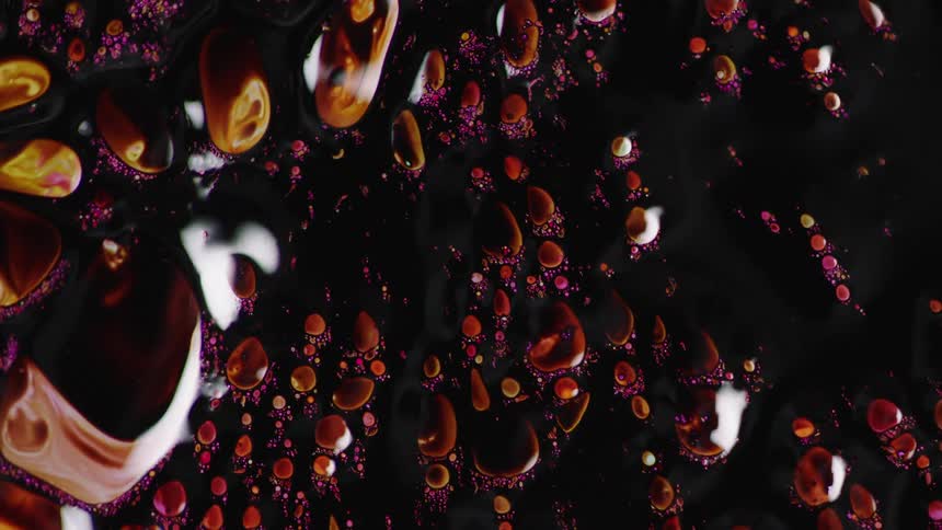 Numerous small droplets of colored liquid are suspended atop a dark liquid and glide along its surface