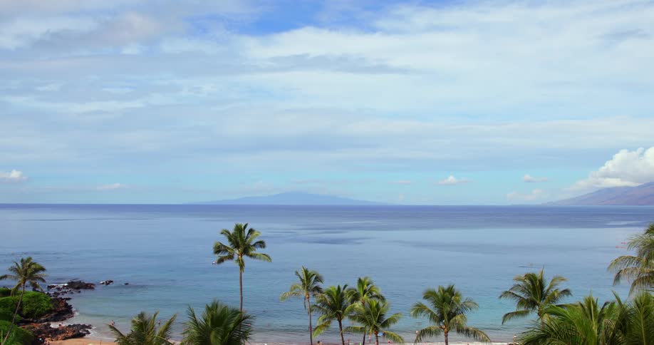 Beautiful blue ocean waters gently give rise to waves that wash onto a sandy tropical beach