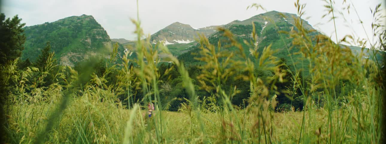 Woman with pink hair and a backpack walks through tall grass in an area of land covered with mountains