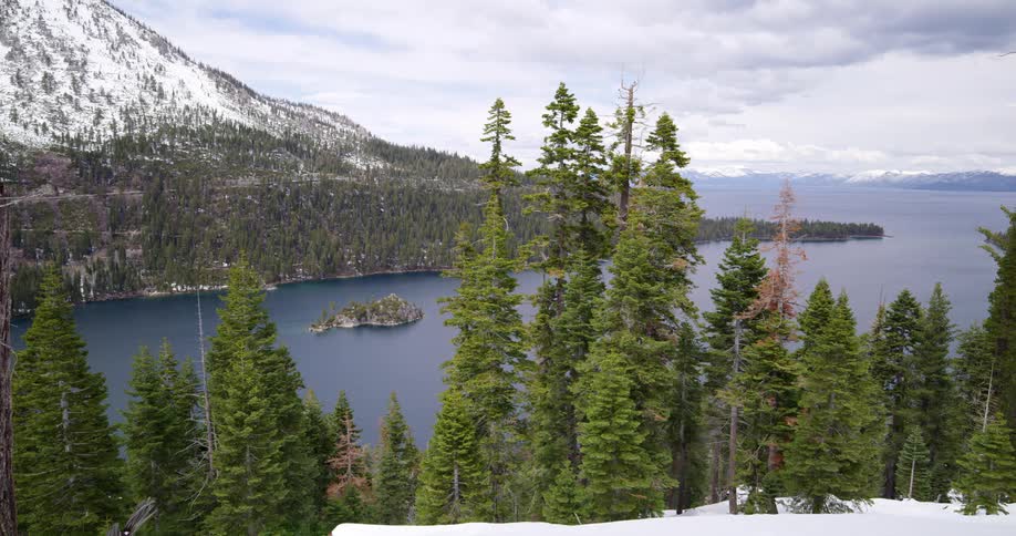 Snow covered land sits next to the forest and lake as mountains sit nearby