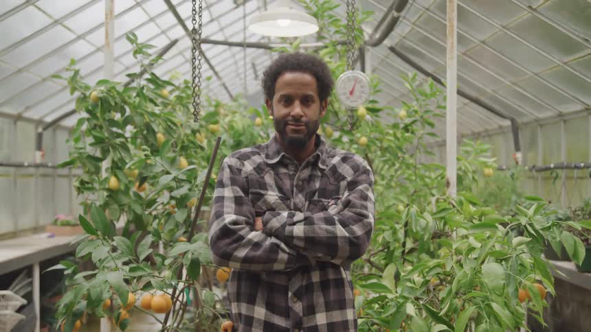 A man wearing a plant shirt stands with his arms crossed in front of plants in a greenhouse