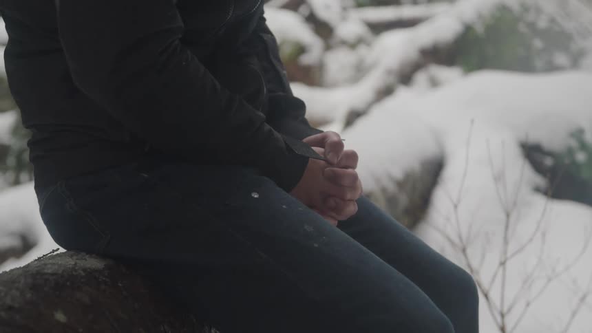 A person sitting on a fallen tree in a snowy forest