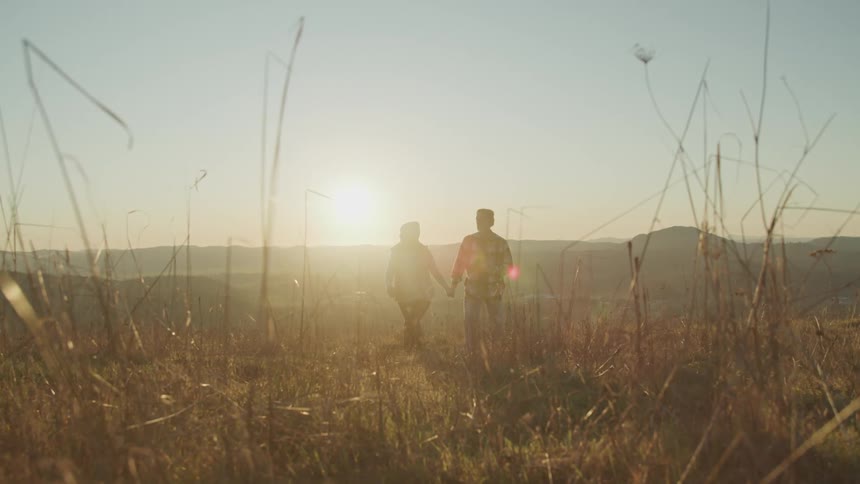 A silhouette of a man and a woman holding hands and walking on grass with the sky and the sun in the background