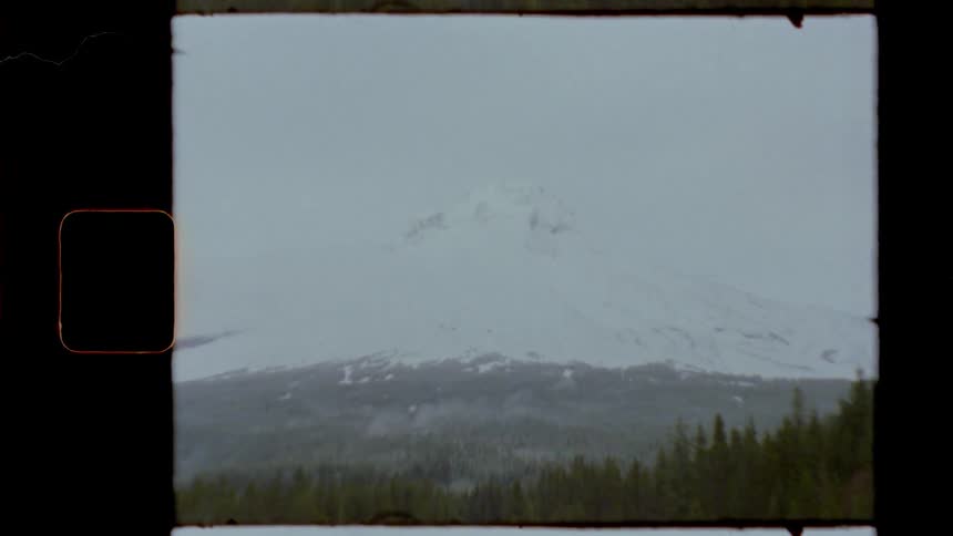 A snow covered mountain towers high above the surrounding forests