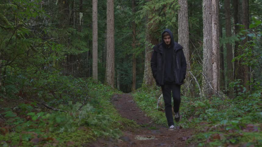 A man is hiking through a wooded area