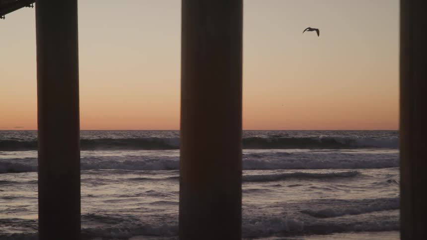 A beach with a pier with the ocean the sky and clouds in the background