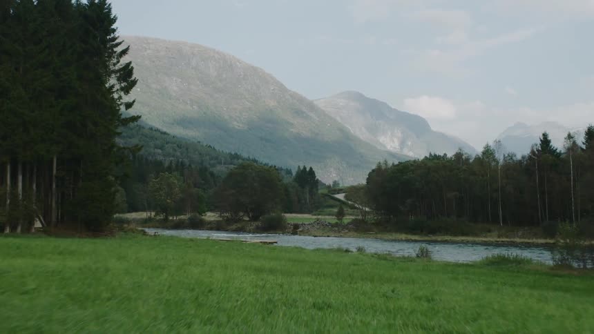 Moving fast over a green field towards a stream