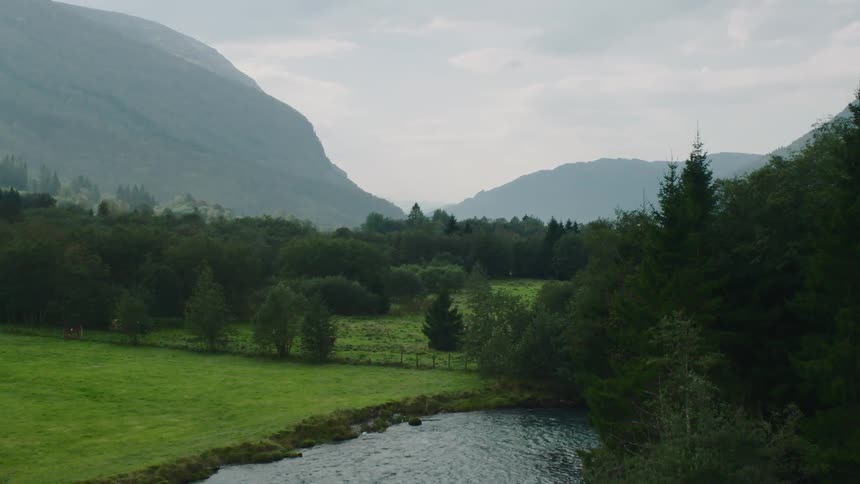 Rushing water in a stream next to trees and mountains