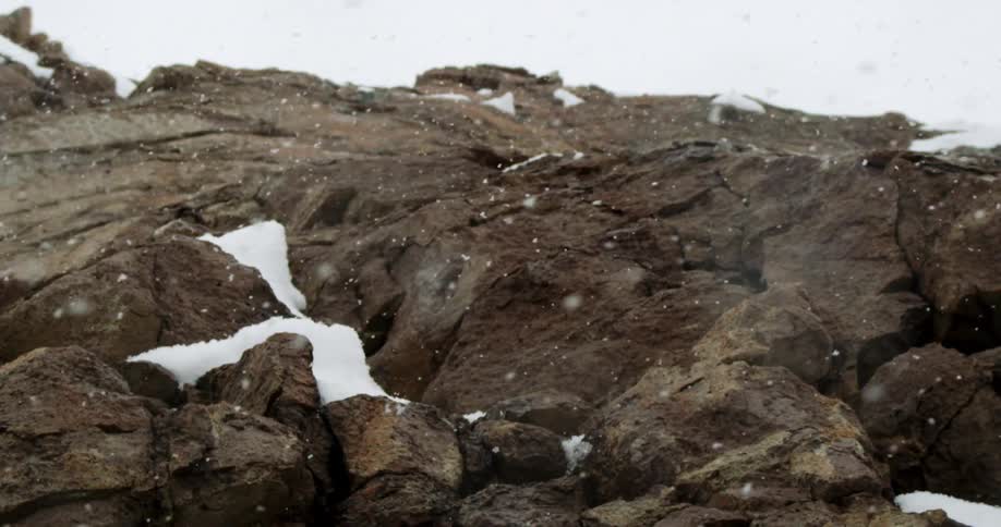 Snow falls along a rocky cliff