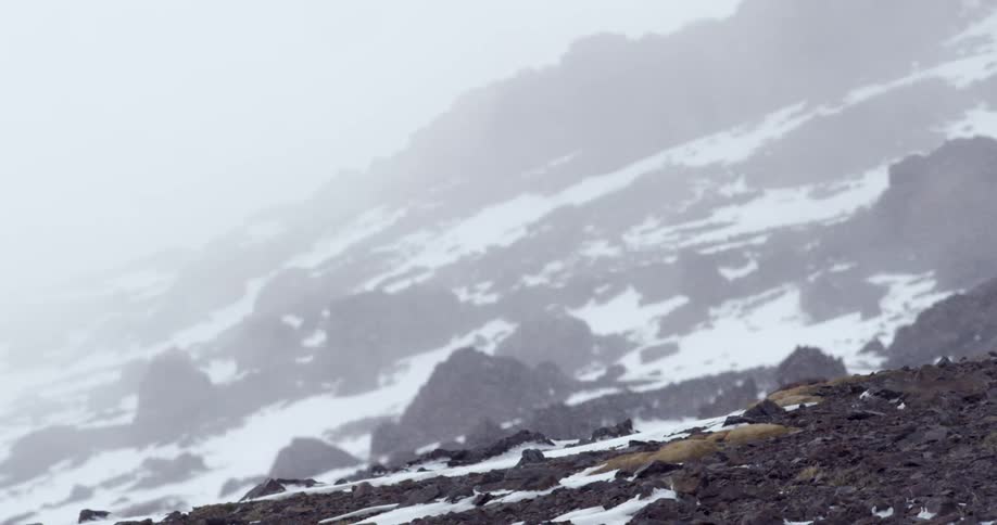 Snowstorm obscures snowy mountain slope