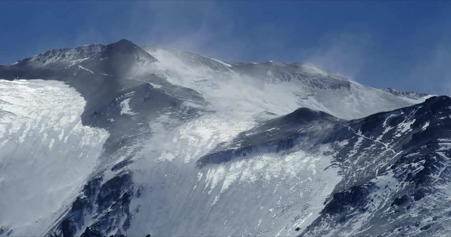 Snow blows over icy peaks in Andes