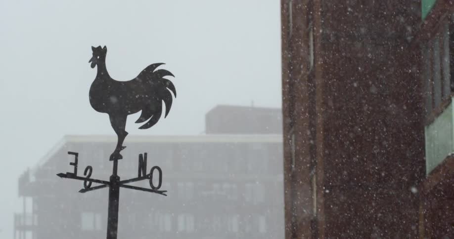 The snow falls over a weathervane