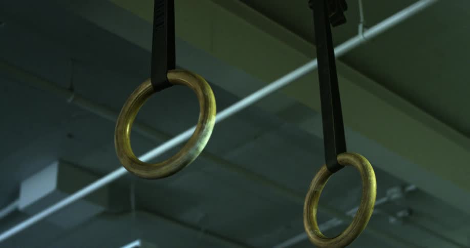 Gymnastic rings hang under bars holding fluorescent bulbs