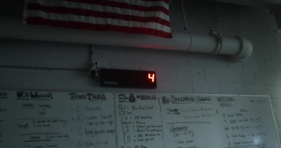 A wall with a digital clock whiteboards pipes and an american flag above