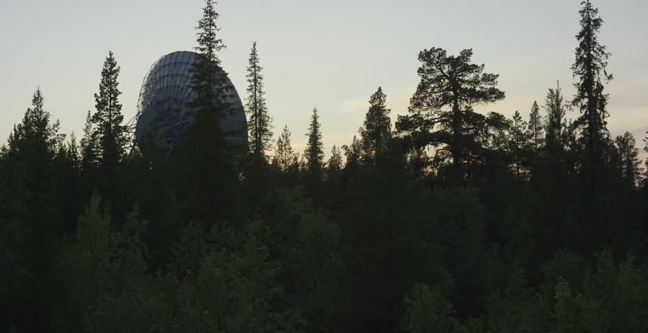 A large satellite dish sits outside of a dense forest