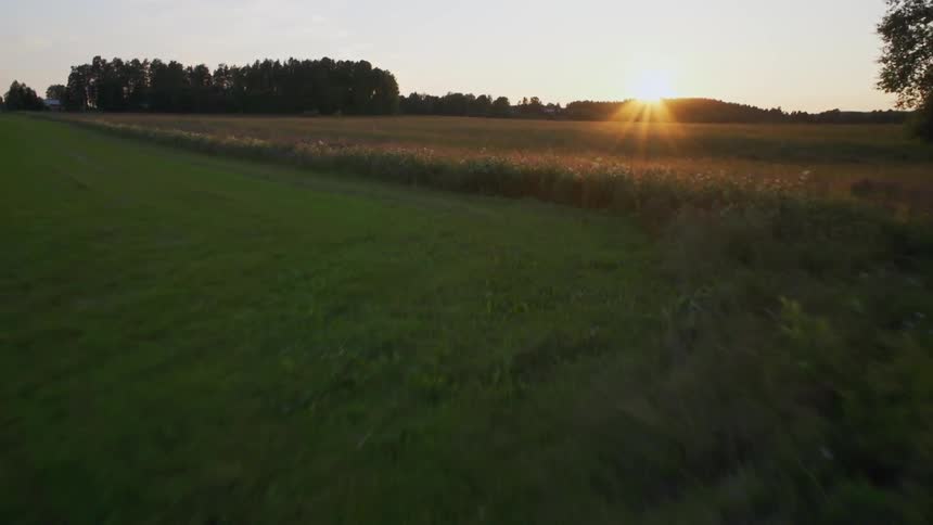Moving fast over a green field with a barn on the side