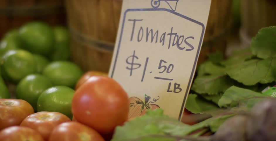 A price sign with tomatoes at a market