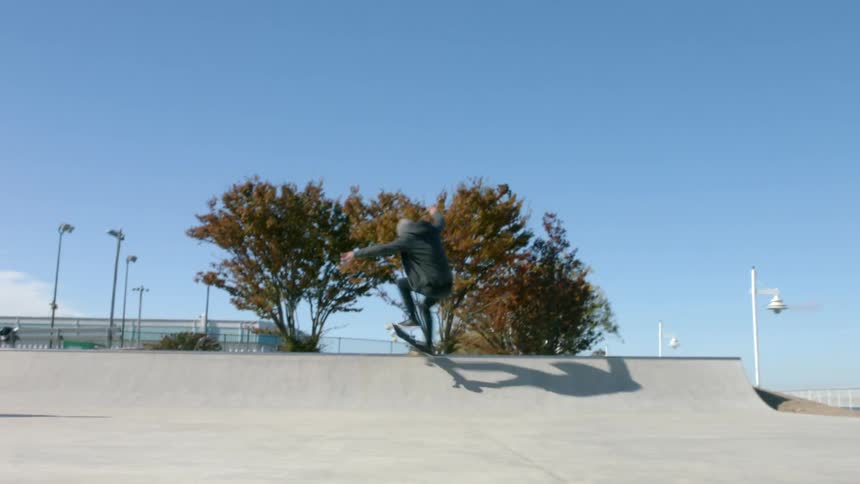 A man is skateboarding in a park
