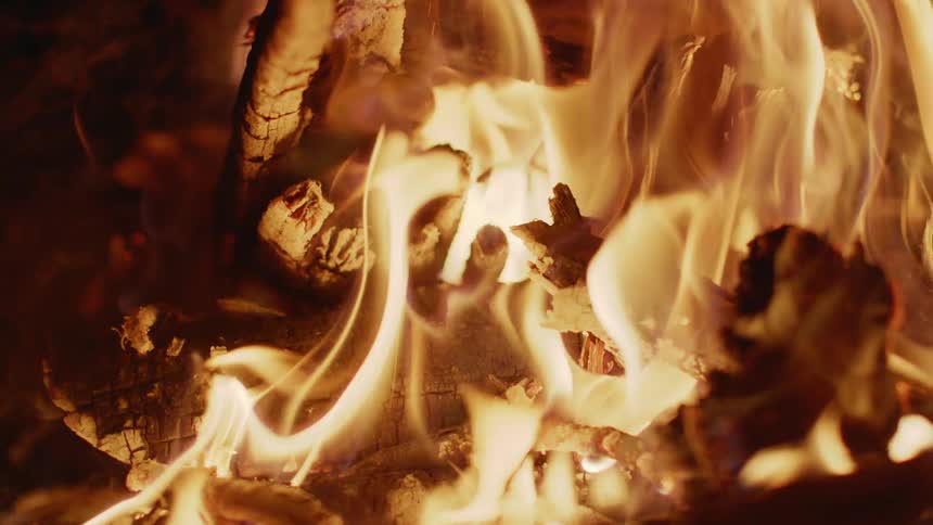 Flames burn orange as they consume piled wood