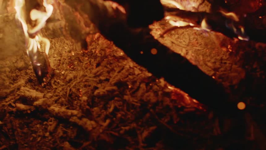 Flames grow taller as a campfire using twigs and sticks burns outside at night