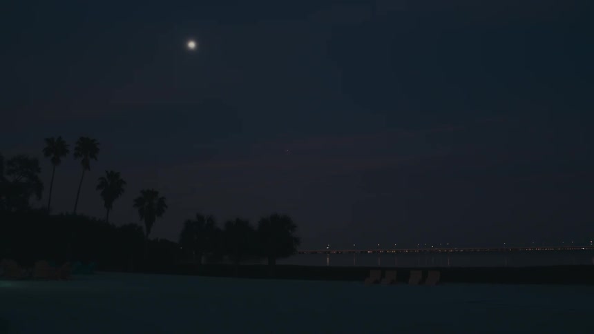 A beach with sand with trees the sky and the moon in the background