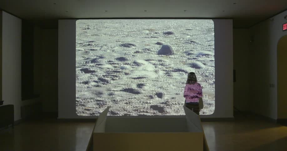 A woman stands in front of a visual display