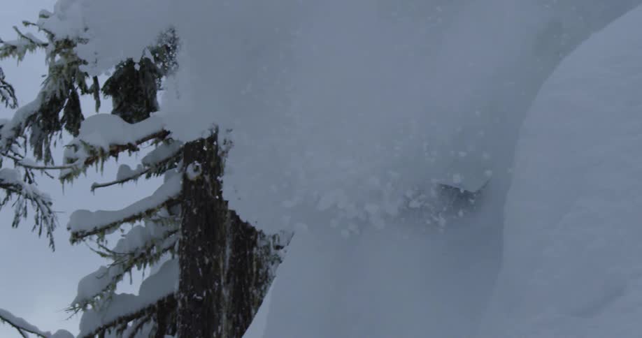A skier sprays deep powder and jumps past the camera