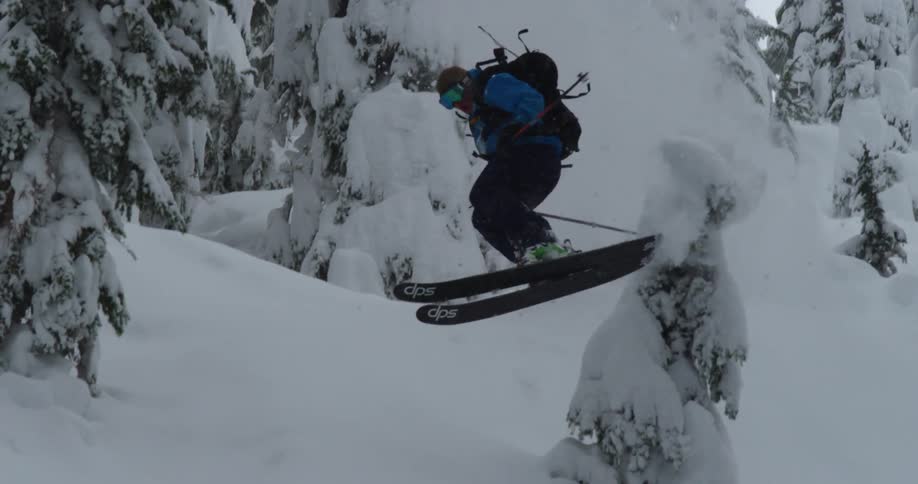 A skier does a 360 and taps a snowy tree in a deep forest