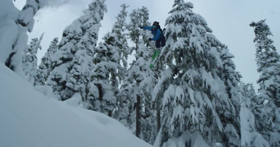 A skier does a huge jump over an old growth tree