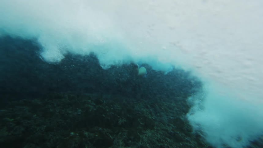A female swims amid clouds of bubbles under the sea