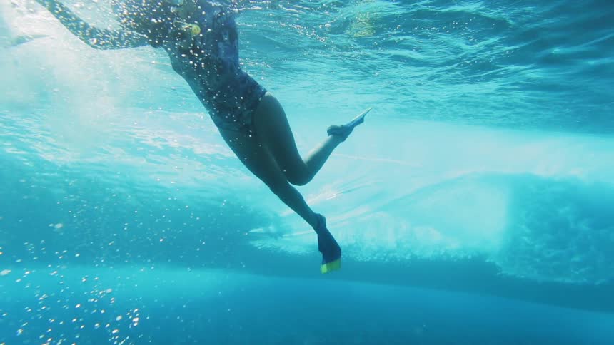 People swimming and surfing underwater