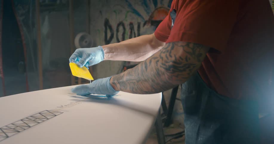 Man with tattoos wears gloves and and apron as he carefully applies decal to surfboard